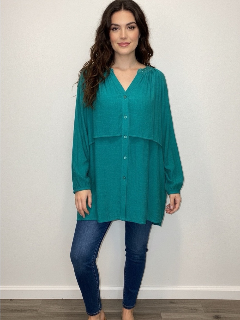 Notations Teal Button-Front Tunic Top